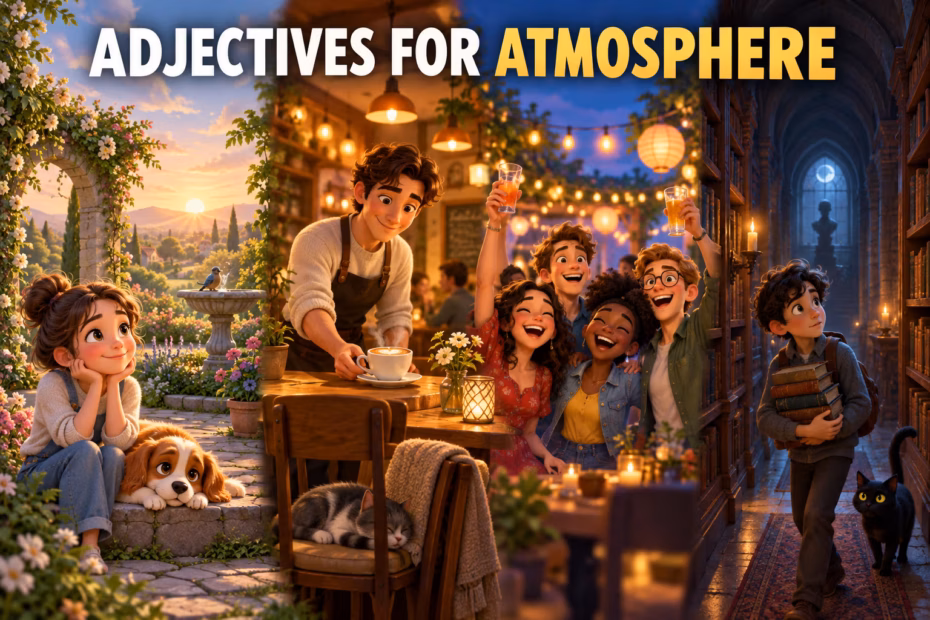 3D illustration showing serene garden, cozy cafe, lively gathering, and eerie library; the title reads Adjectives for Atmosphere