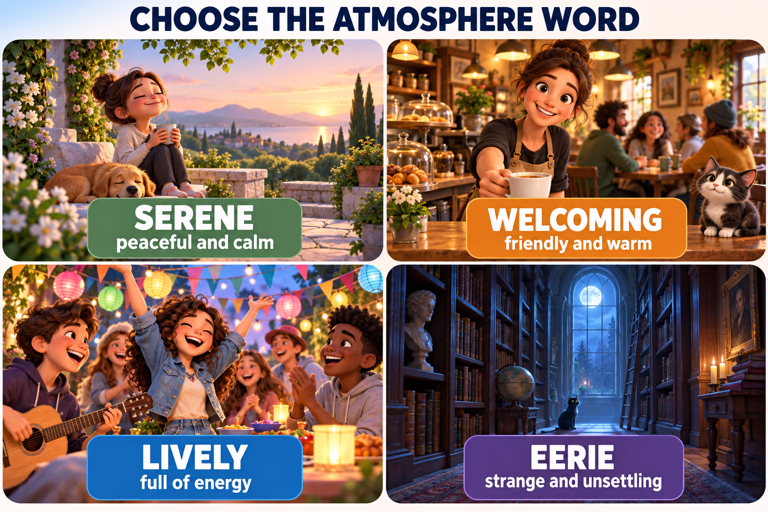 Four illustrated atmosphere moods: serene means peaceful and calm, welcoming means friendly and warm, lively means full of energy, and eerie means strange and unsettling