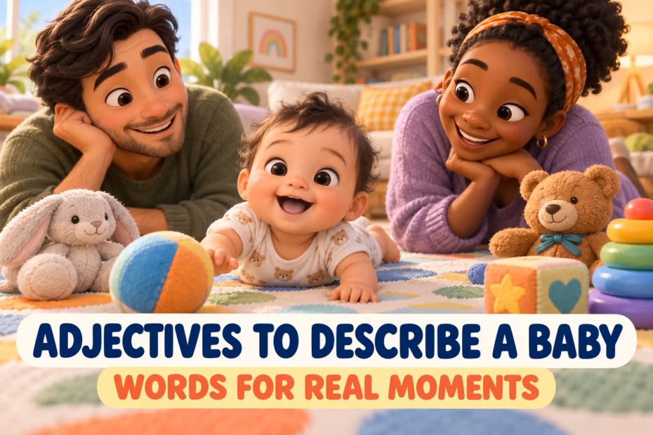 Caregiver smiling at a baby on a play mat with a colorful toy, illustrating adjectives to describe a baby.