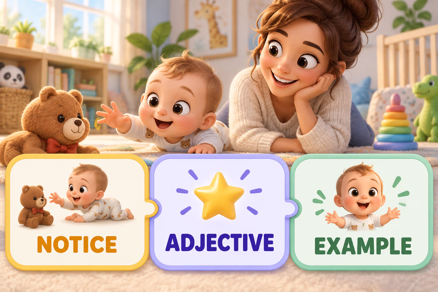Three-step writing prompt: notice a moment, choose an adjective, and build a sentence with an observable detail.