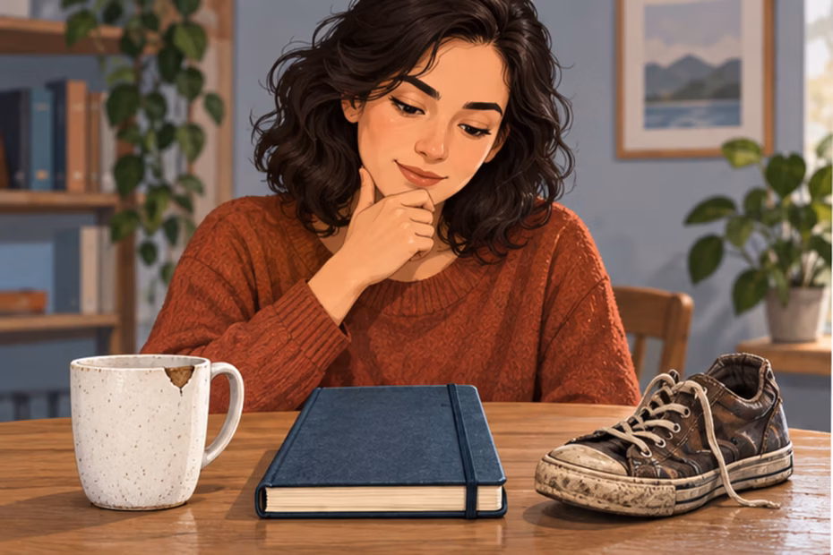 A writer comparing a chipped mug, a sturdy notebook, and a worn shoe.