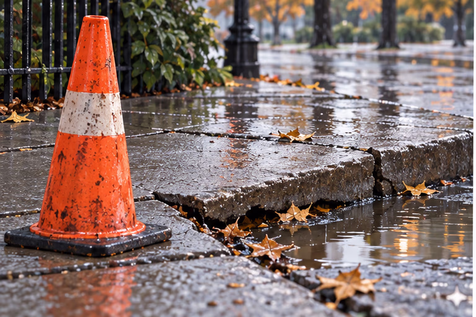 A caution cone marks a damaged sidewalk beside a puddle.