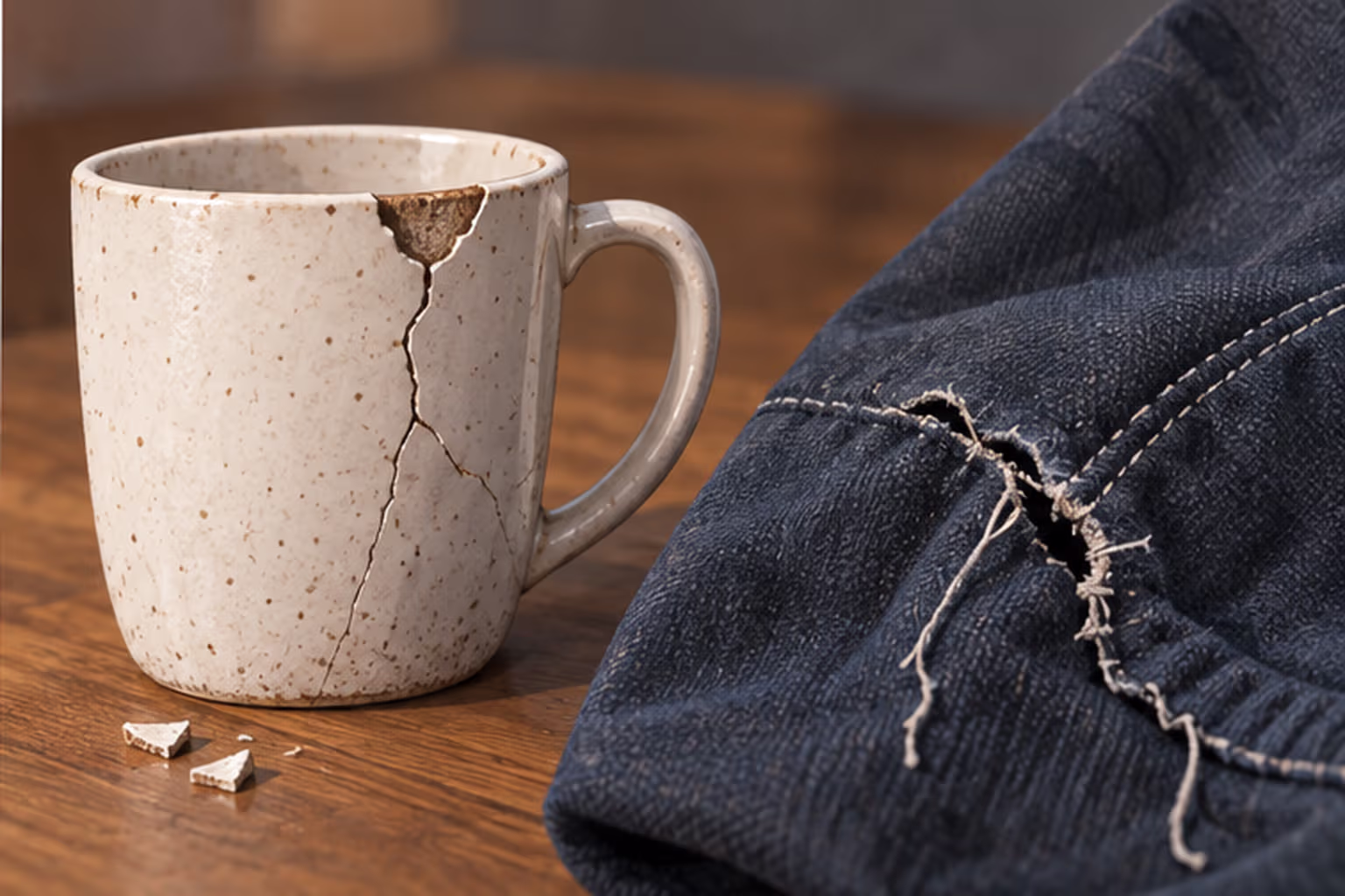 A cracked mug and a torn seam show visible product defects.