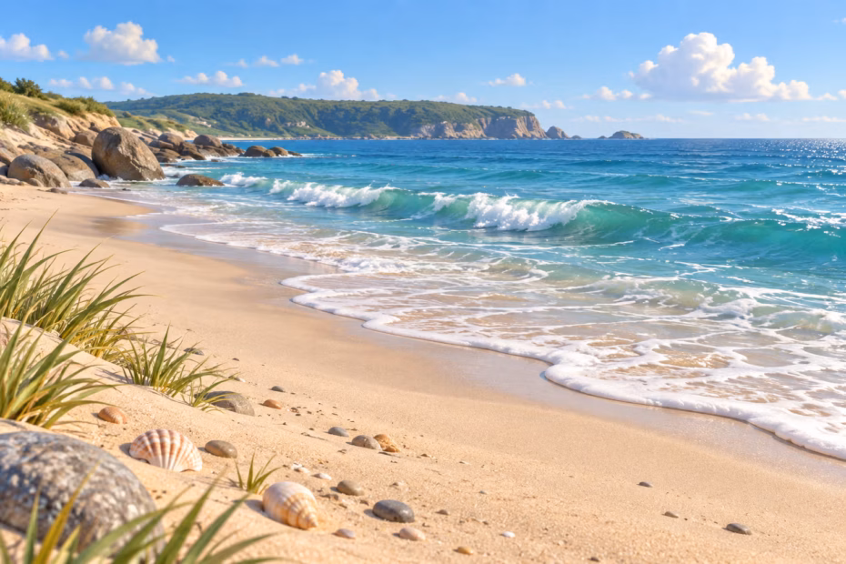 A beach with pale sand, small foamy waves, rocks and grasses in the foreground, and a green headland in the distance.