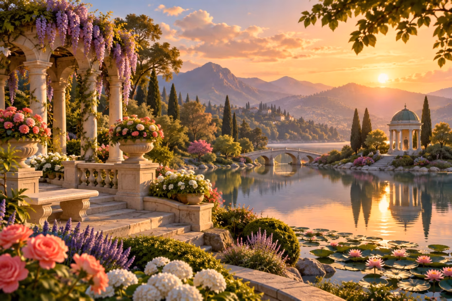 A calm garden beside a lake at golden hour, with vivid flowers and detailed stonework.