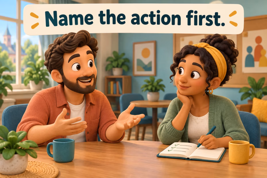 Cartoon colleagues talking under the banner “Name the action first.”