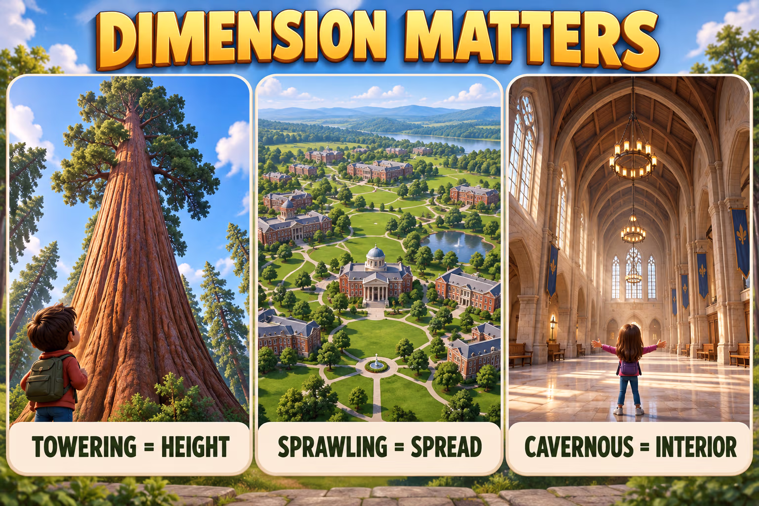Animated examples show towering for height, sprawling for spread, and cavernous for interior space.