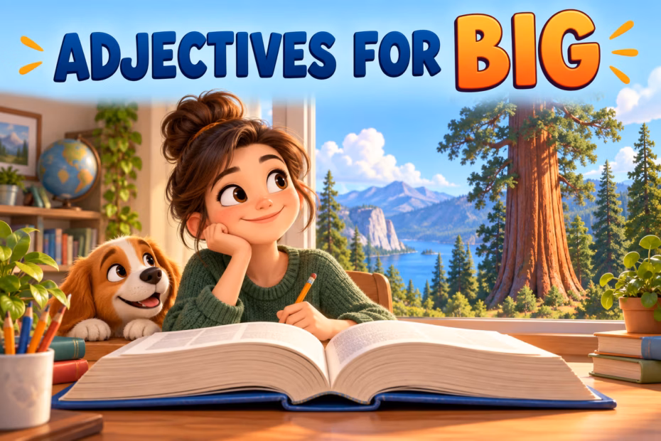 An animated writing guide, an open dictionary, and a towering redwood under the title Adjectives for Big