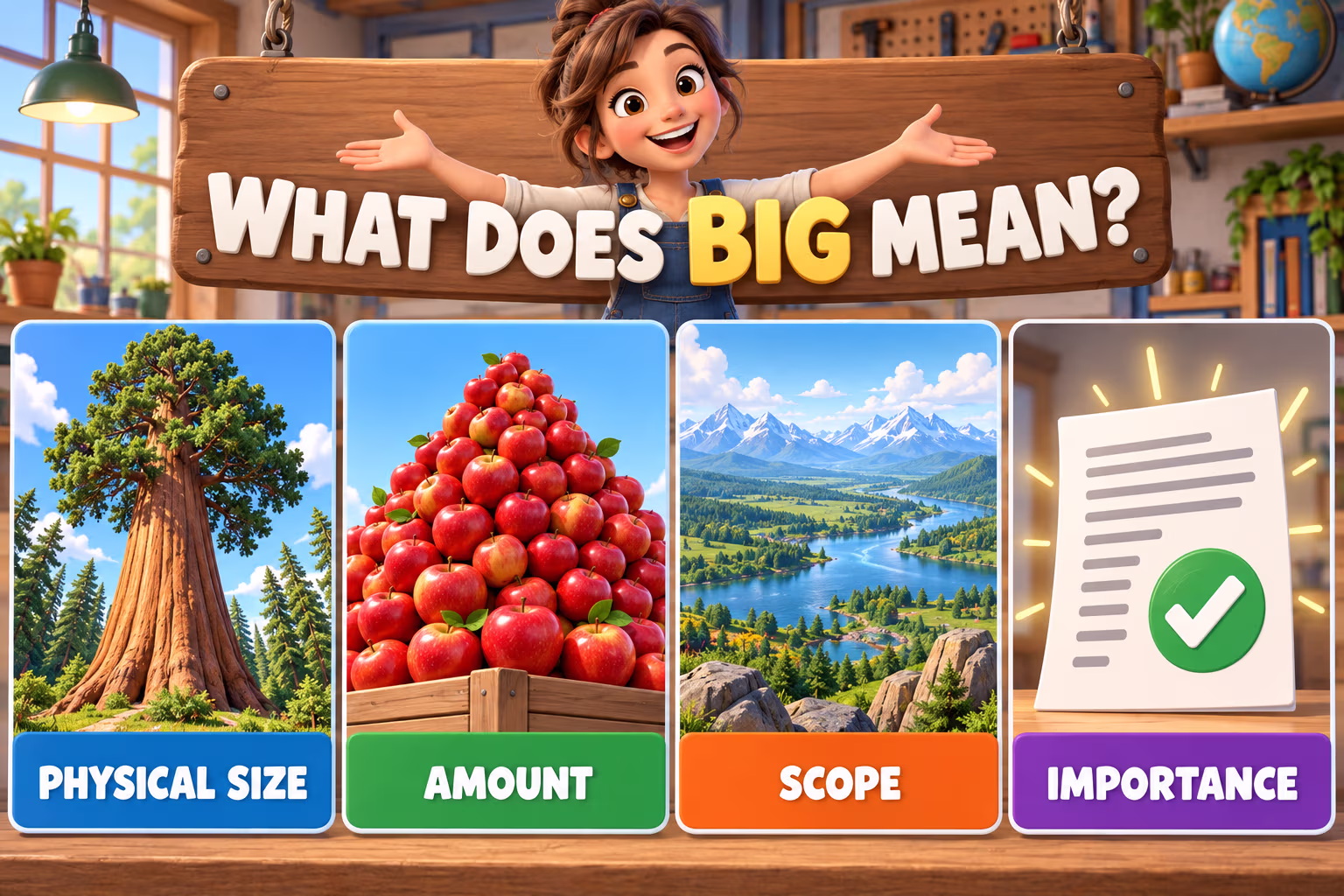 Four animated panels organize big adjectives by physical size, amount, scope, and importance.