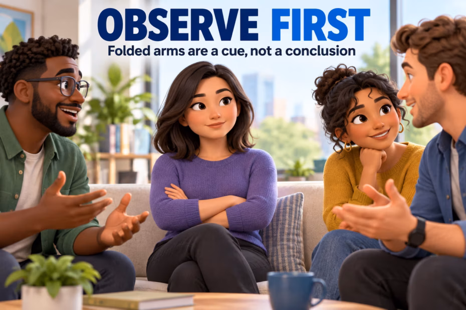 Cartoon conversation scene titled Observe First, with a person sitting with folded arms and the caption “Folded arms are a cue, not a conclusion.”