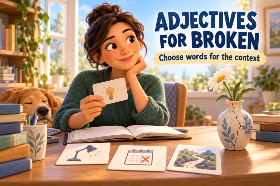 A writer considers words beside a cracked vase holding a flower, in a calm language-learning illustration titled Adjectives for Broken.