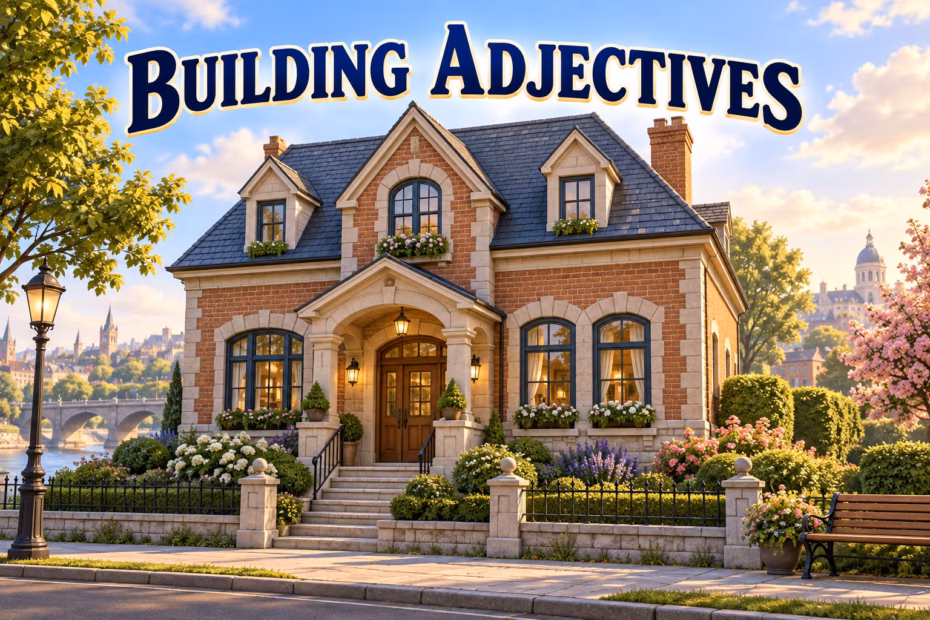 Illustrated red brick building with blue tiled roof, arched windows, and entry porch; title reads Building Adjectives.