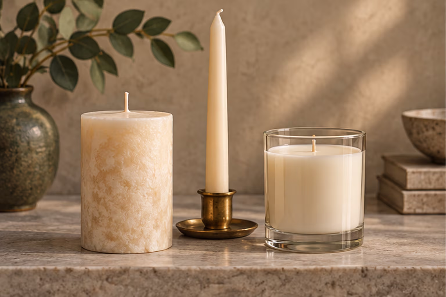 A pillar candle, taper candle, and jar candle arranged together.
