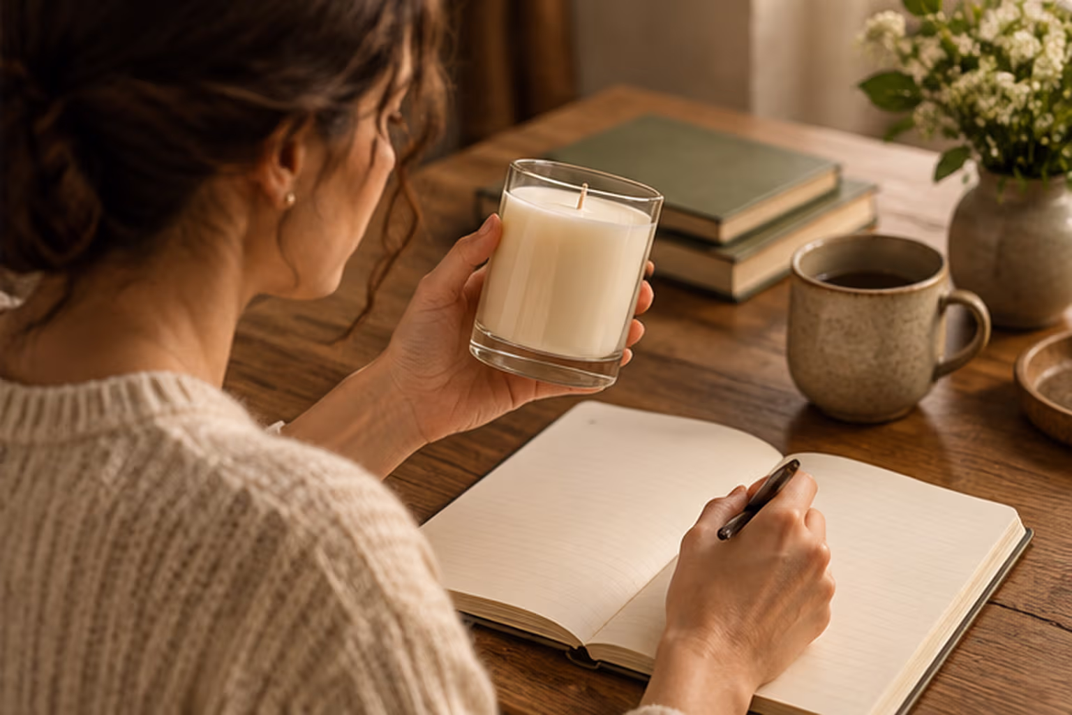 A person writing notes while looking at an unlit candle.