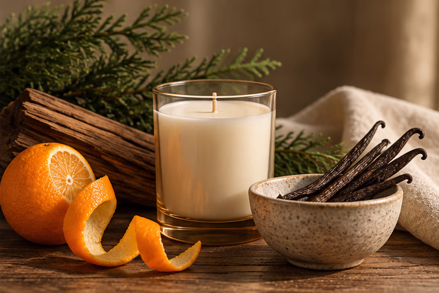 A candle beside orange peel, cedar, and vanilla pods.