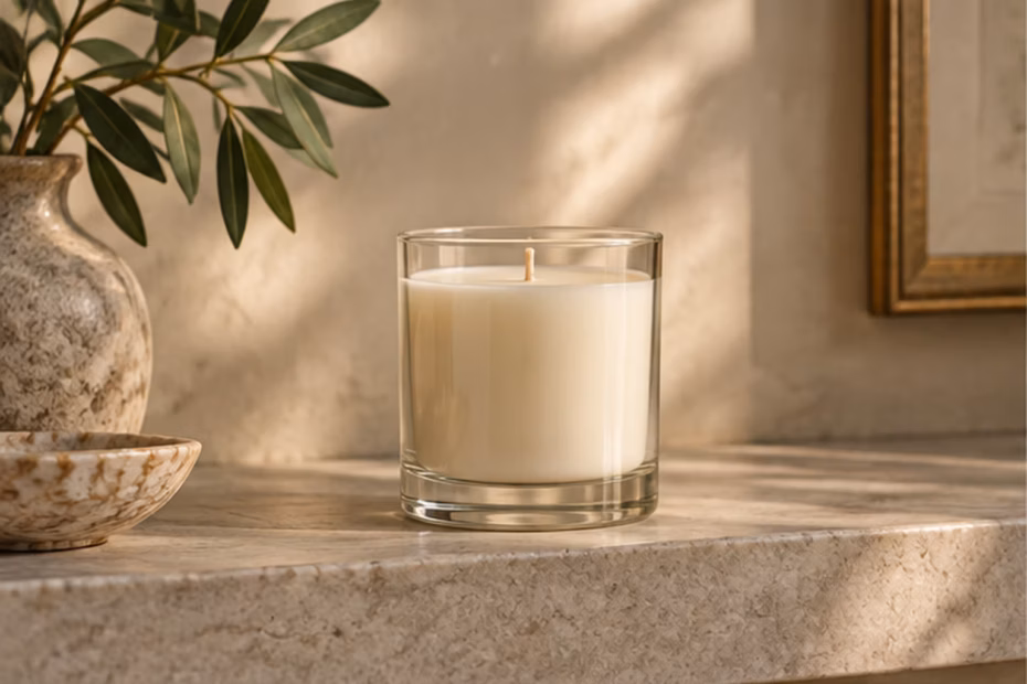 An unlit candle in a clear glass jar on a tidy stone shelf.