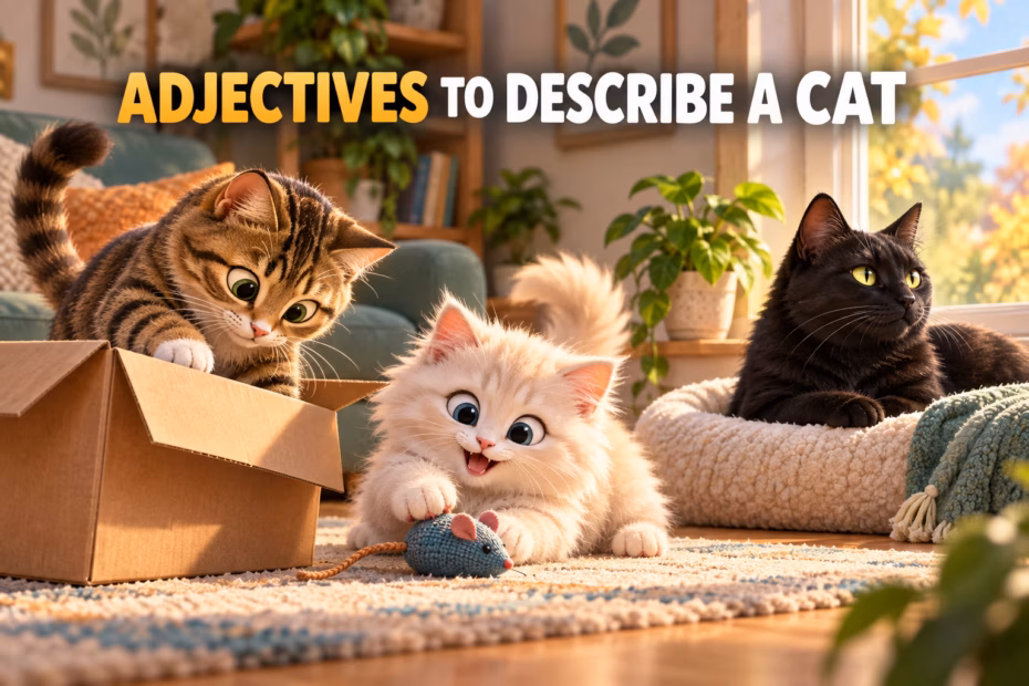3D illustration of a curious tabby in a box, a fluffy kitten playing, and a calm black cat by a window; title: Adjectives to Describe a Cat