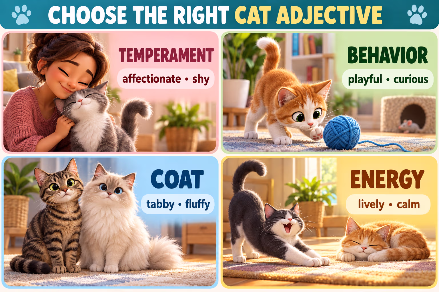 Four ways to describe a cat: temperament words affectionate and shy; behavior words playful and curious; coat words tabby and fluffy; energy words lively and calm