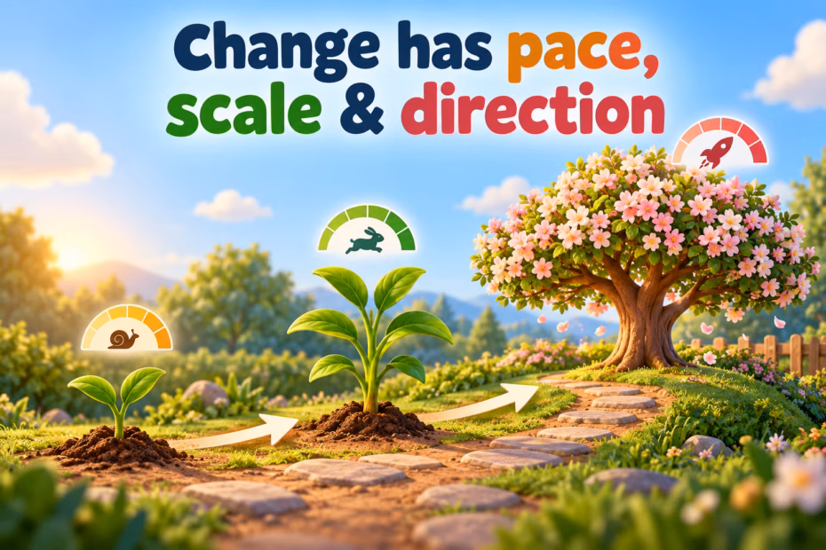 A seedling grows into a flowering tree along a path. Change has pace, scale & direction.