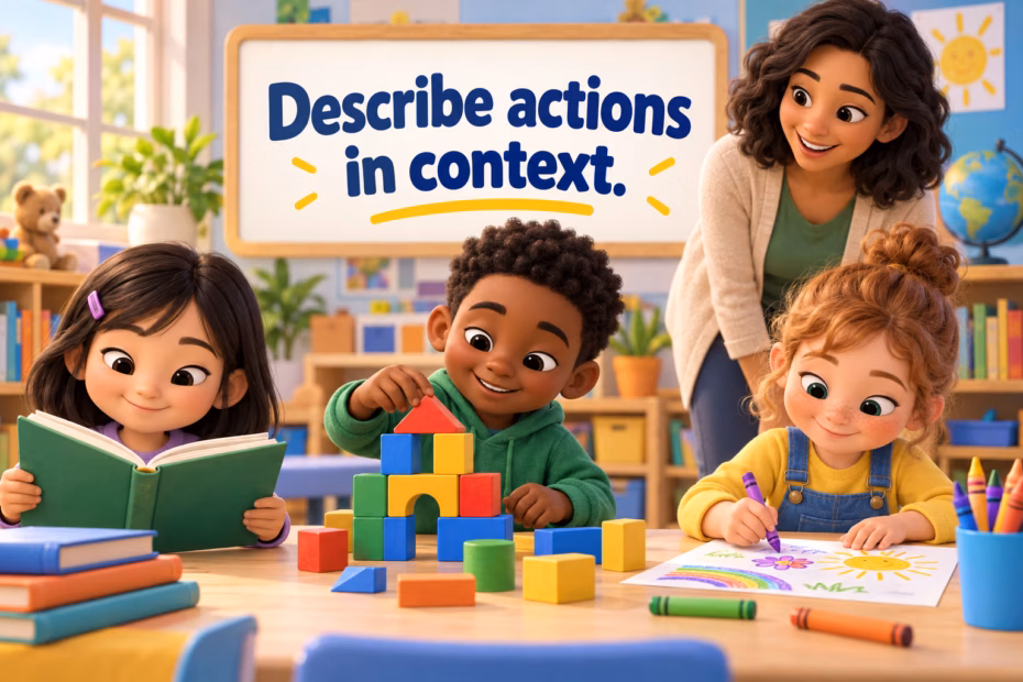 Three children read, build, and draw while an educator observes, beneath the words “Describe actions in context.”