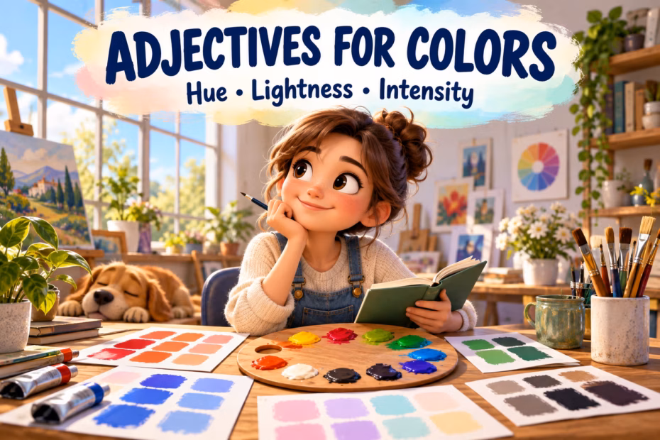 A cartoon artist studies colorful paint swatches under the heading adjectives for colors.