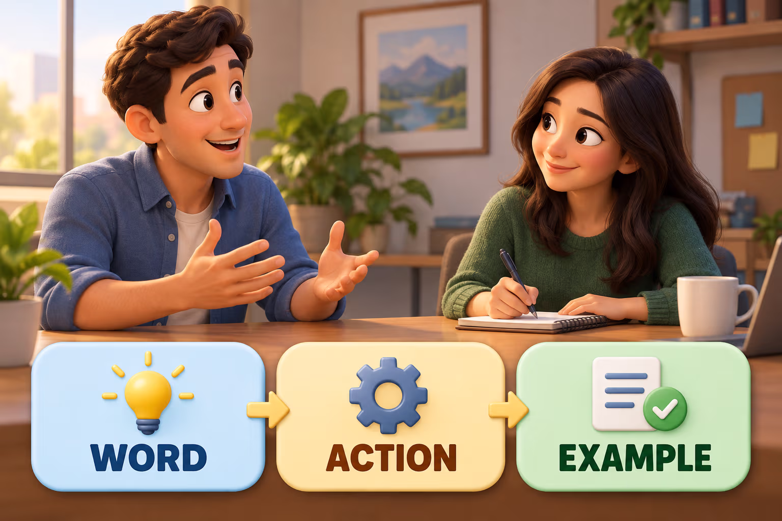 A writing pattern that pairs a communication adjective with a behavior and an example.