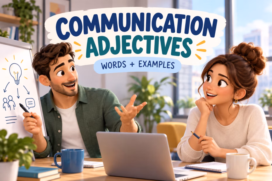 Two coworkers discuss an idea while one listens and takes notes, illustrating communication adjectives.