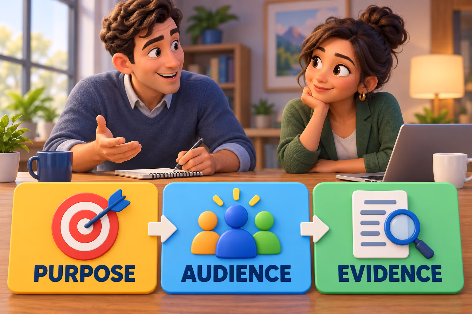 Three communication-writing checks: purpose, audience, and evidence.