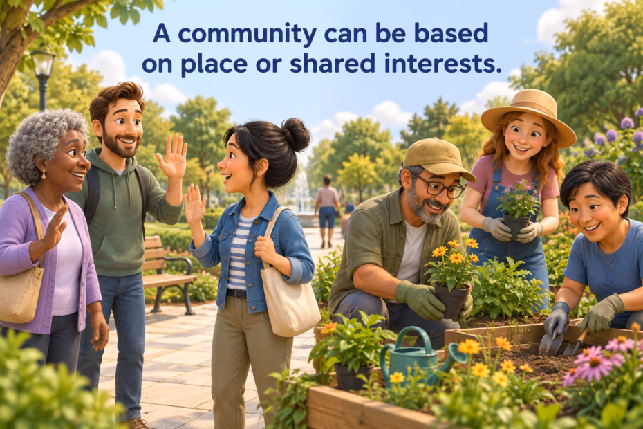 Illustration of neighbors greeting one another as a gardening group tends raised beds in a public park.