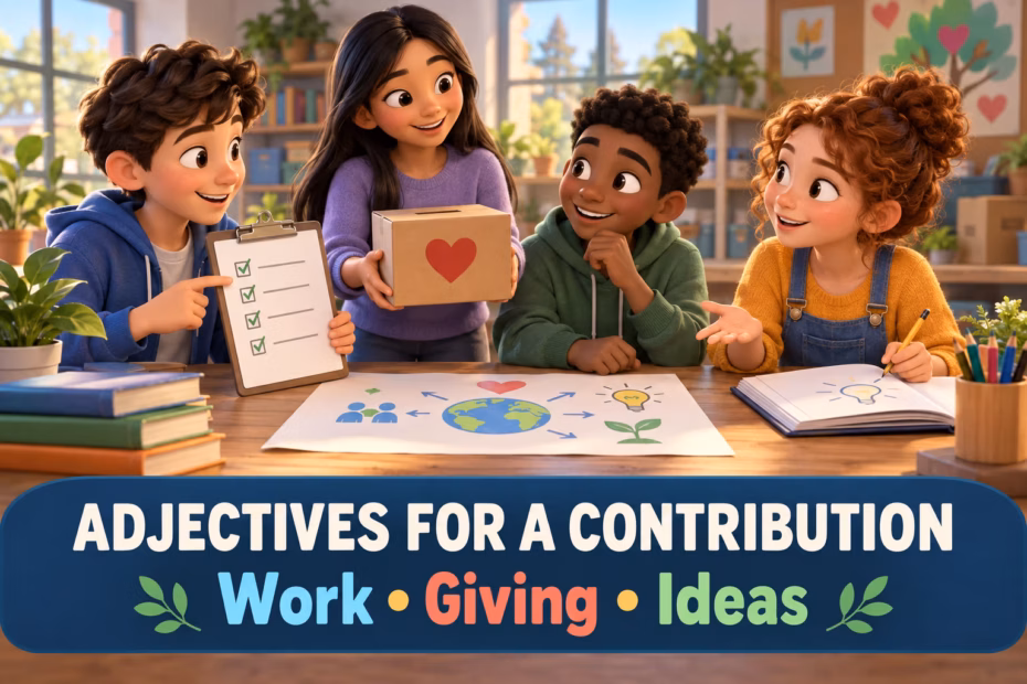 Four friendly classmates and volunteers share a checklist around a table, with a donation box and open book; banner reads “Adjectives for a Contribution.”