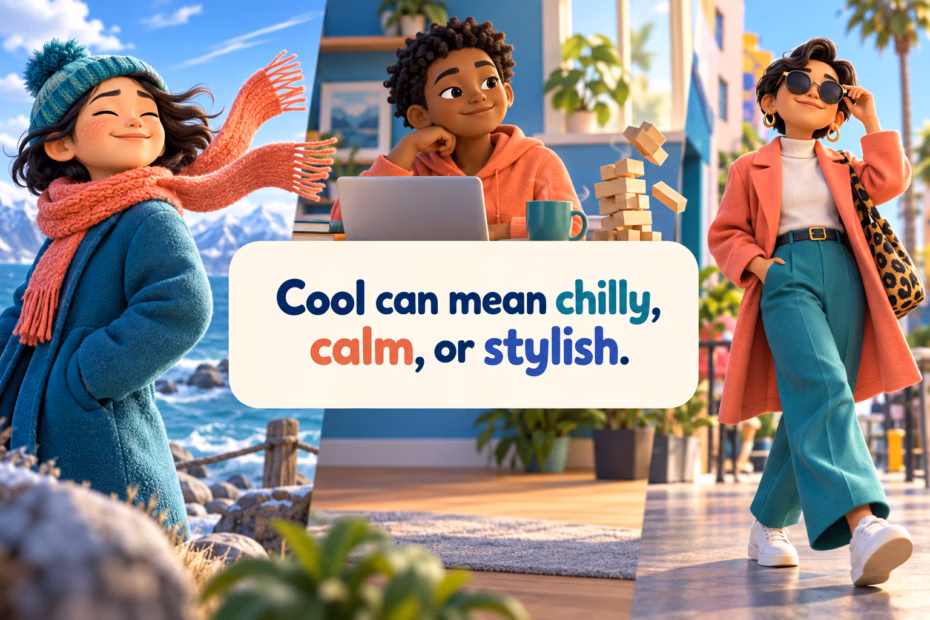 Three scenes show cool air, a calm person, and a stylish outfit. Text: “Cool can mean chilly, calm, or stylish.”