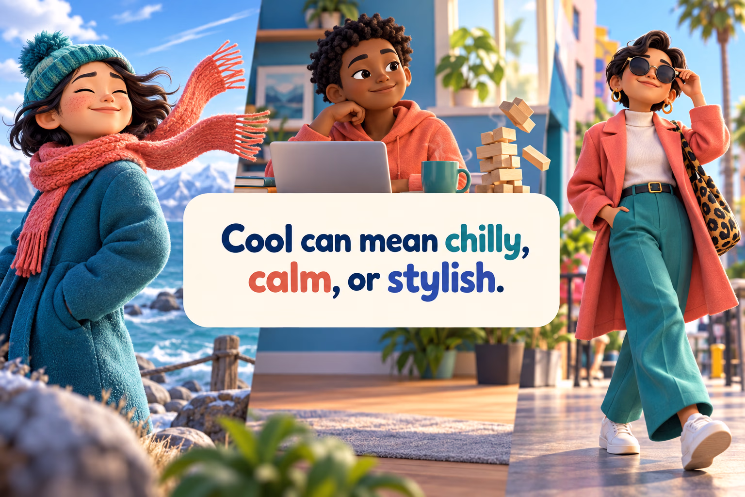 Three scenes show cool air, a calm person, and a stylish outfit. Text: “Cool can mean chilly, calm, or stylish.”