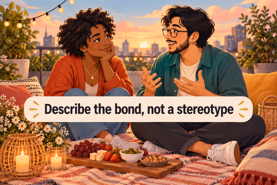 Two partners talk together at sunset. Text: “Describe the bond, not a stereotype.”