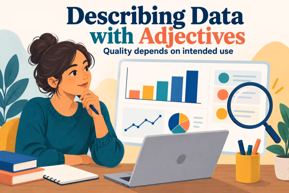 Analyst reviewing a chart; the title card says data quality depends on intended use.