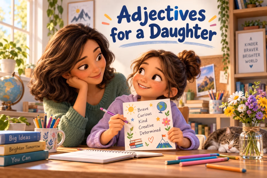 3D animated illustration of a mother and daughter writing a card beneath the words Adjectives for a Daughter.