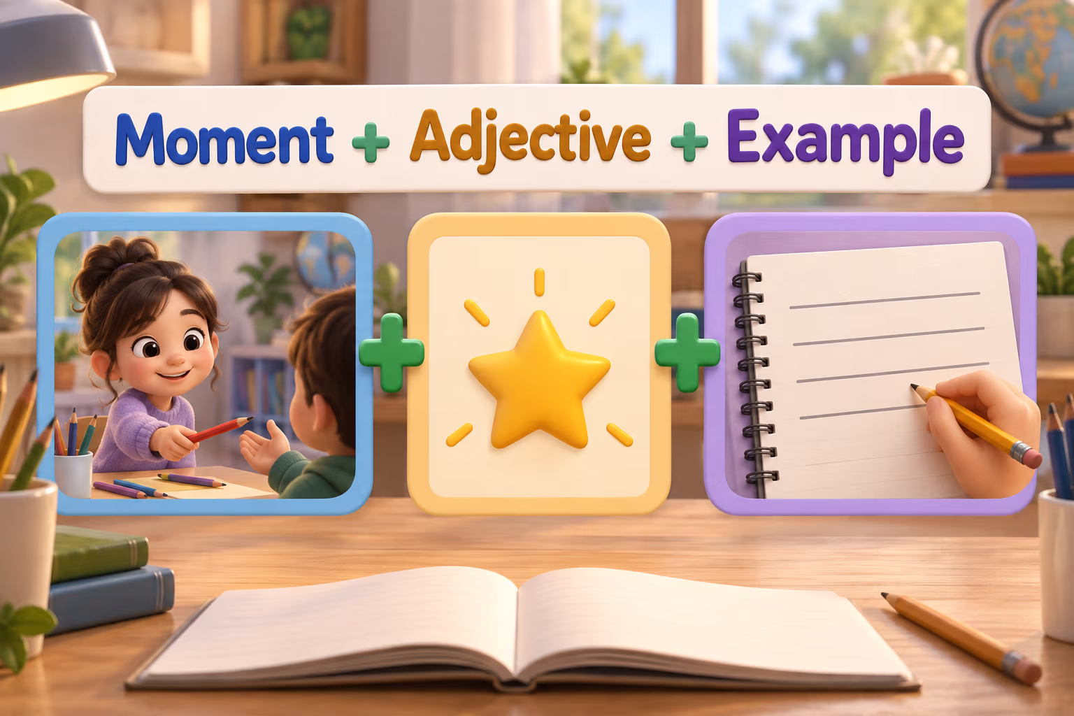 3D animated writing guide showing a specific moment, a matching adjective, and an example sentence beneath the words Moment plus Adjective plus Example.