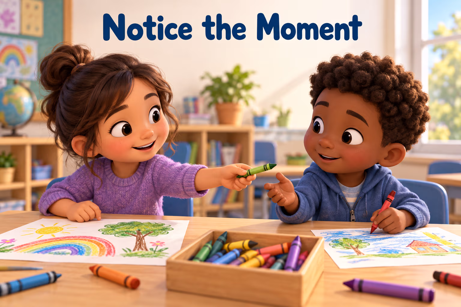 3D animated illustration of a daughter offering a green crayon to a classmate beneath the words Notice the Moment.