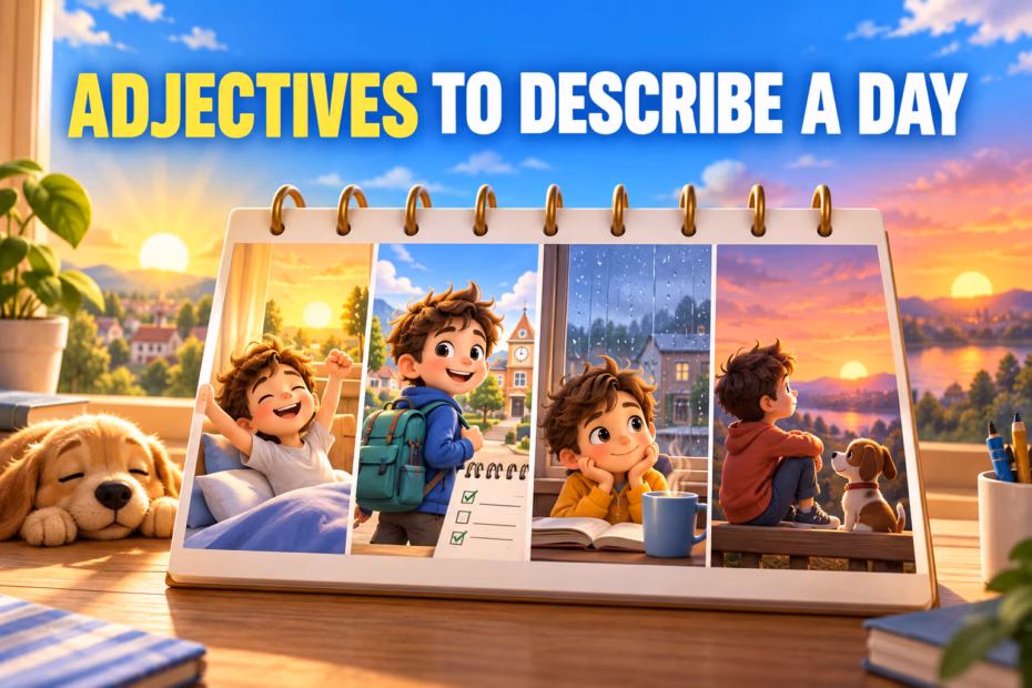 3D illustrated calendar showing different kinds of days across sunrise, a busy morning, a rainy afternoon, and sunset; title: Adjectives to Describe a Day