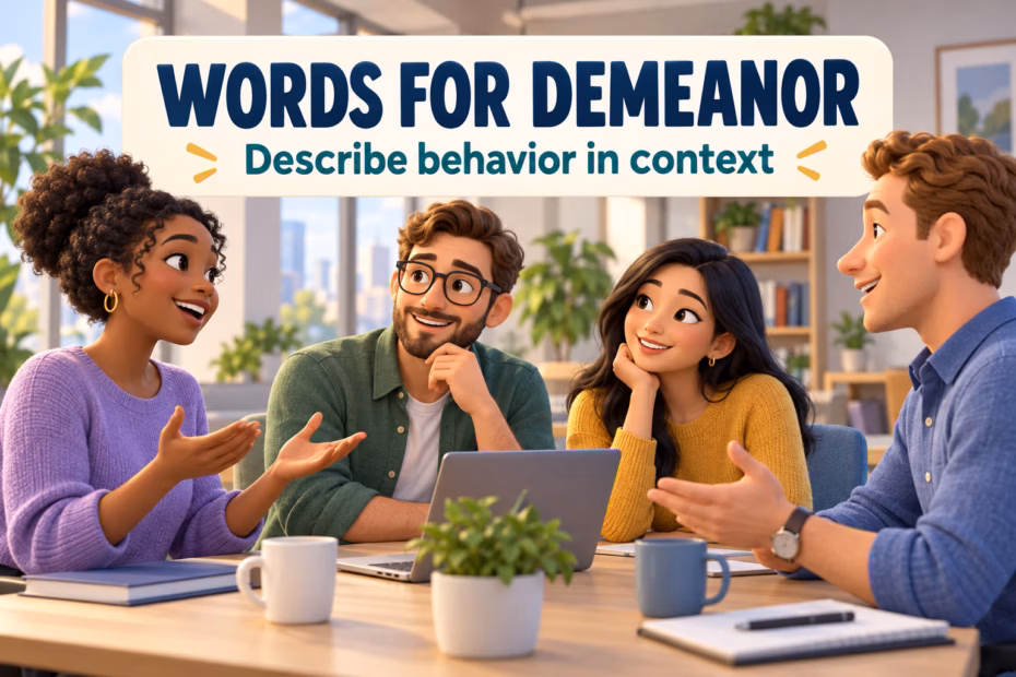 A group talking in a meeting with varied expressions and postures, illustrating words used to describe demeanor