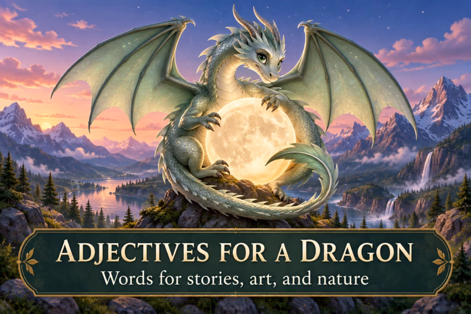 Original fantasy dragon with complete wings curled around a bright moon over a mountain valley; banner reads “Adjectives for a Dragon.”