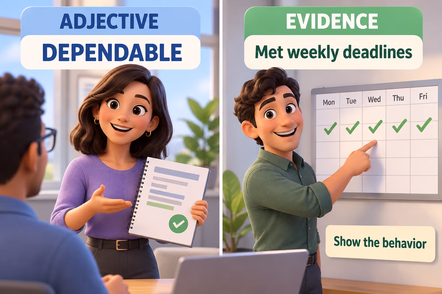 3D animated comparison of the adjective “dependable” with evidence: “met weekly deadlines,” labeled adjective and evidence
