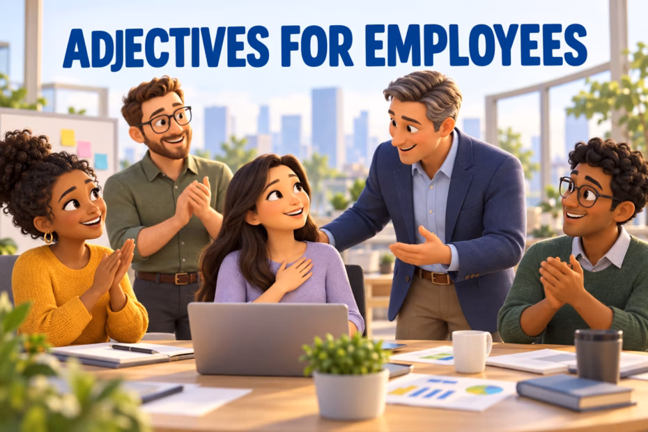 Adult coworkers discuss a project under the headline “Adjectives for Employees.”