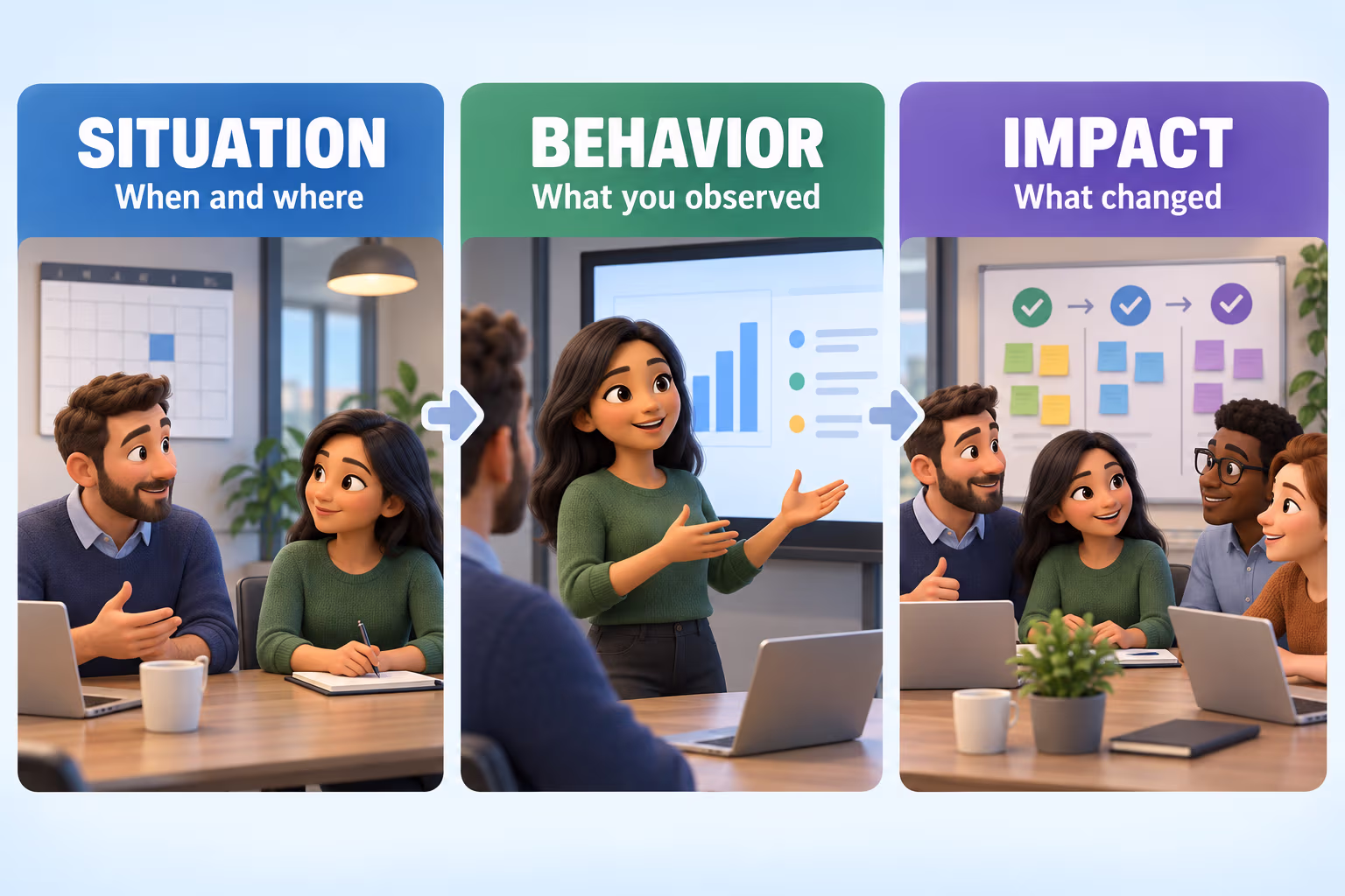 Three-step workplace feedback diagram: situation means when and where, behavior means what you observed, and impact means what changed
