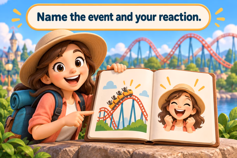 Name the event and your reaction. Cartoon visitor shares a theme park experience.