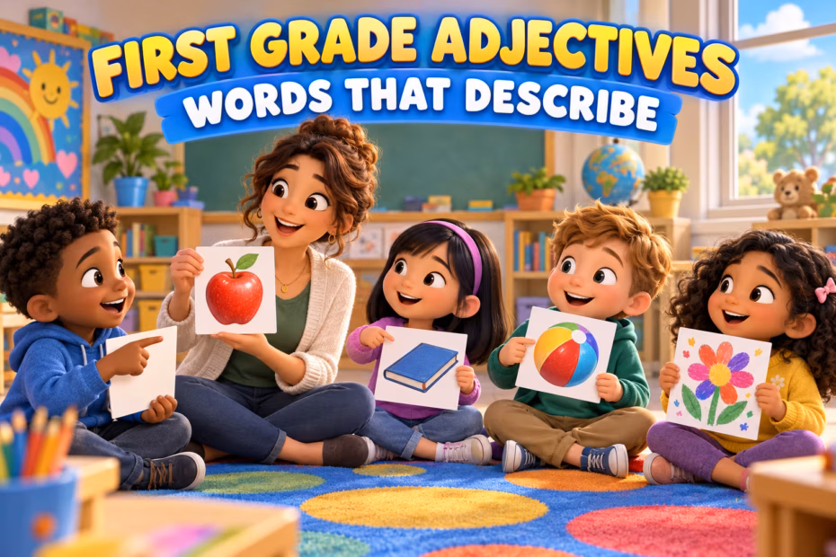 Animated first-grade classroom explores describing words with picture cards beneath the words First Grade Adjectives, Words That Describe.