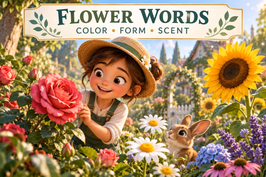 Animated gardener holds a rose in a garden beneath the words Flower Words, Color Form Scent.