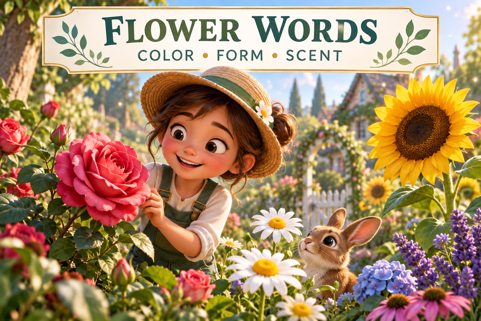 Animated gardener holds a rose in a garden beneath the words Flower Words, Color Form Scent.