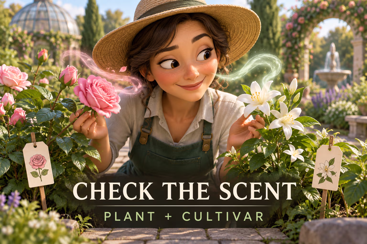 Animated gardener compares two flowering plants with subtle scent trails beneath the words Check the Scent, Plant plus Cultivar.
