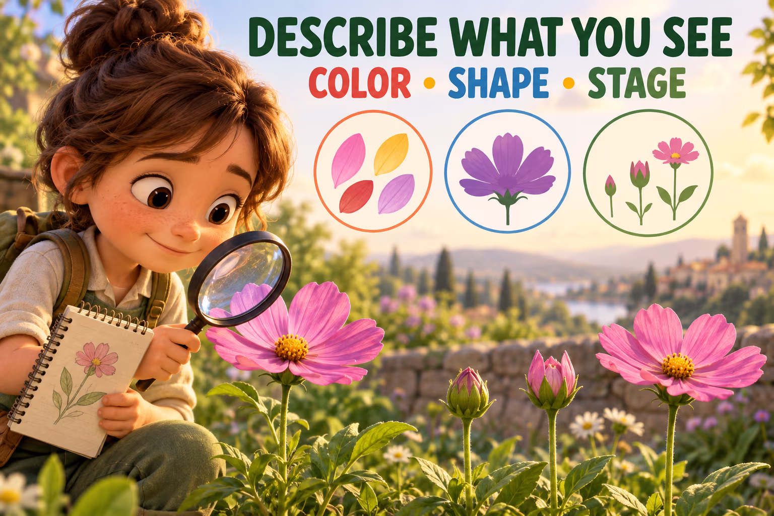 Animated child botanist studies a flower with a magnifier beneath the words Describe What You See, Color Shape Stage.
