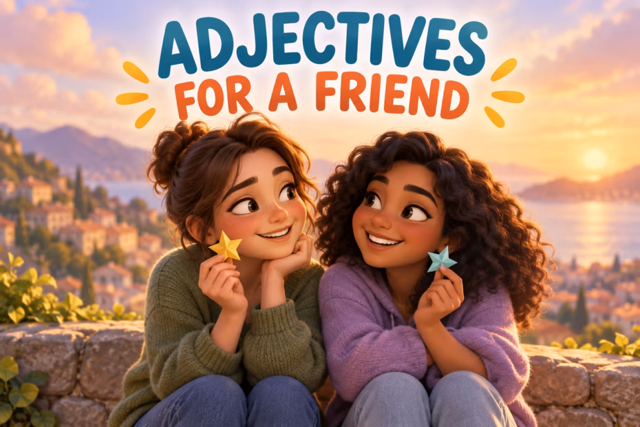 Illustration of two friends with the title Adjectives for a Friend
